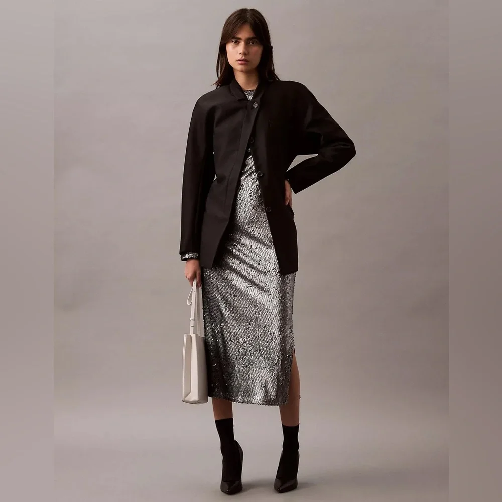 Calvin Klein Silver Sequin Midi Dress - Picture 7 of 12